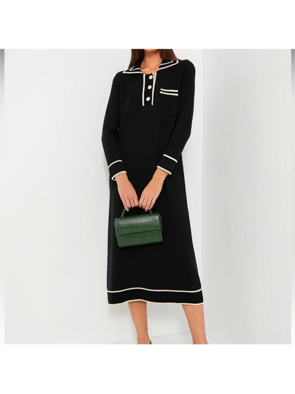 Women’s Tuckernuck Black Knit Long-Sleeve Midi Dress with White Trim